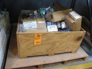 LARGE BOX MISC. ELECTRICAL PARTS TO INCLUDE: CONDUIT BODIES, POWER SUPPLY REGULATORS, PILOT LIGHT INDICATORS, ETC.. LOADING & HANDLING FEE $15-4129